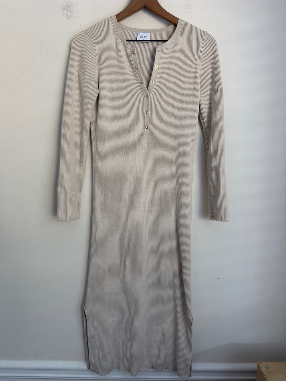 Bae The Label Ribbed Knit long sleeve midi Dress cream Sz S